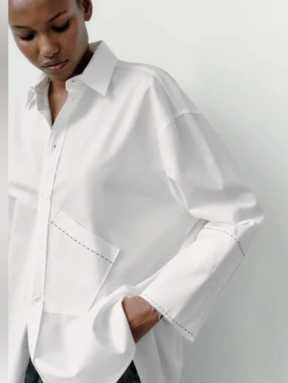 Zara Women White Oversize Shirt With Asymmetric Pocket. Size XL. NWT